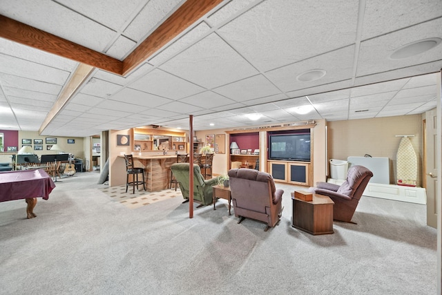 8395 Dalton Rd, Onsted, MI 49265 - living room with bar, carpet flooring, a paneled ceiling, and pool table