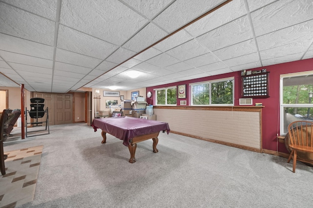 8395 Dalton Rd, Onsted, MI 49265 - rec room with carpet flooring, billiards, a paneled ceiling, and healthy amount of natural light