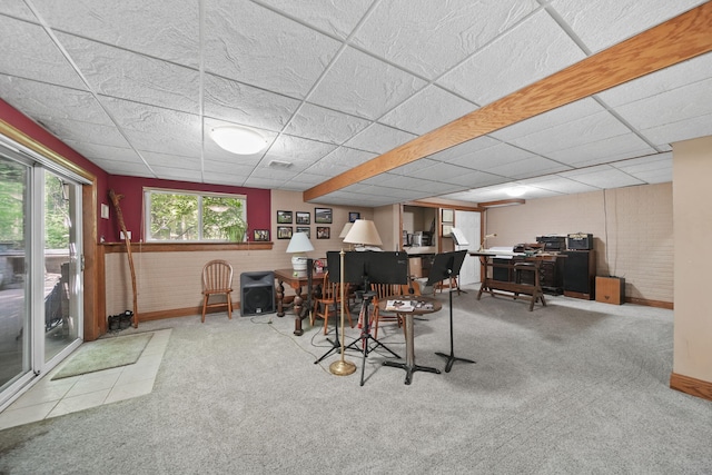 8395 Dalton Rd, Onsted, MI 49265 - rec room featuring a desk, a drop ceiling, and carpet