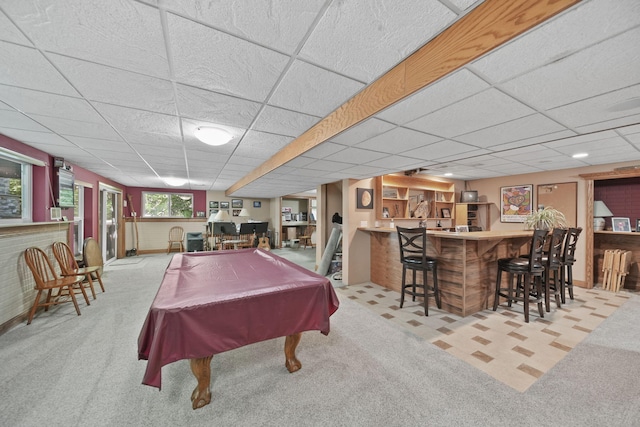 8395 Dalton Rd, Onsted, MI 49265 - game room with bar area, a paneled ceiling, carpet flooring, and pool table