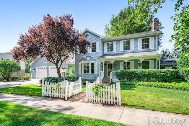 1214 Euna Vista Dr, Holland, MI 49423 - traditional-style house featuring concrete driveway, a garage, a chimney, and covered porch