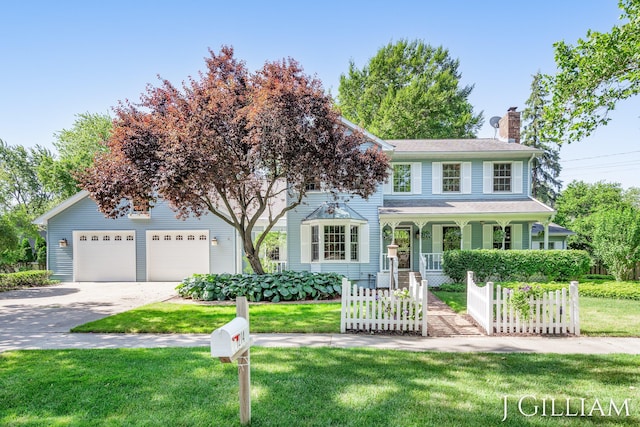 1214 Euna Vista Dr, Holland, MI 49423 - view of front facade featuring a chimney, a porch, a garage, and concrete driveway