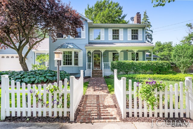 1214 Euna Vista Dr, Holland, MI 49423 - view of front of home featuring covered porch, a chimney, and a fenced front yard
