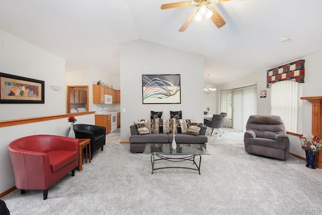32851 Foster Ct, Fraser, MI 48026 - living room with light colored carpet, vaulted ceiling, a chandelier, and a ceiling fan