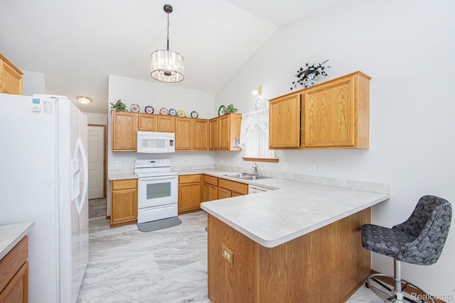 32851 Foster Ct, Fraser, MI 48026 - kitchen featuring white appliances, light marble finish floors, a peninsula, light countertops, and hanging light fixtures