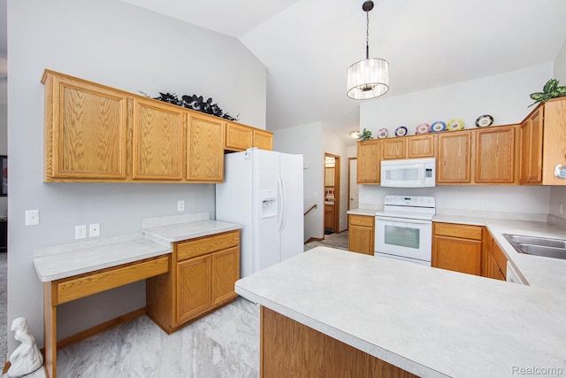 32851 Foster Ct, Fraser, MI 48026 - kitchen featuring white appliances, light countertops, lofted ceiling, light marble finish floors, and pendant lighting
