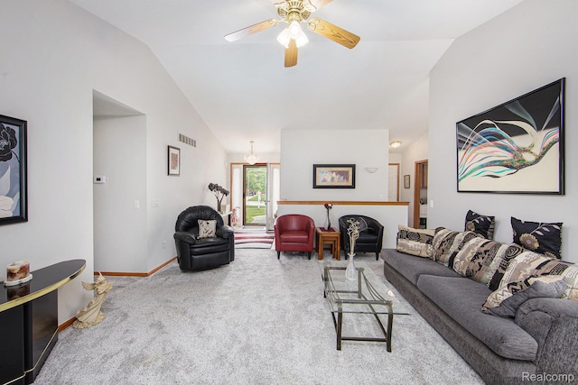 32851 Foster Ct, Fraser, MI 48026 - carpeted living area featuring vaulted ceiling and a ceiling fan