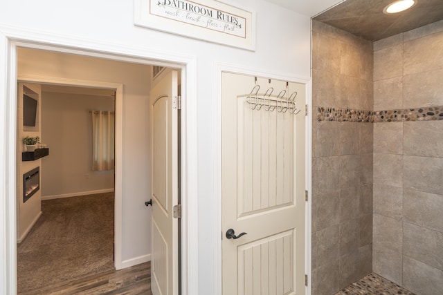 11901 187th Ave, Stanwood, MI 49346 - bathroom featuring a tile shower, wood finished floors, and a glass covered fireplace
