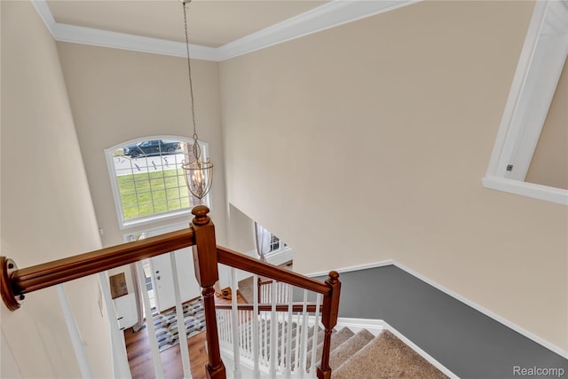 6119 Amber Ln, Grand Blanc, MI 48439 - stairs featuring ornamental molding, wood finished floors, and a chandelier