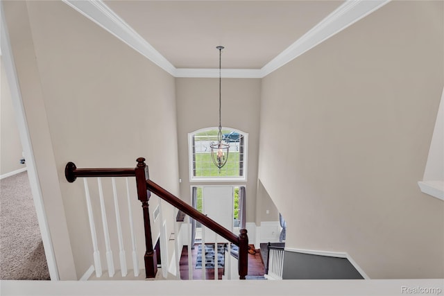 6119 Amber Ln, Grand Blanc, MI 48439 - stairs featuring crown molding, a chandelier, and carpet flooring