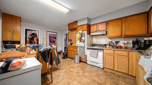 405 W 5th St, Evart, MI 49631 - kitchen with white gas range, under cabinet range hood, a textured ceiling, brown cabinetry, and stone finish floors