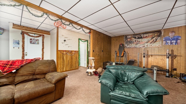 405 W 5th St, Evart, MI 49631 - living room with carpet flooring and wood walls