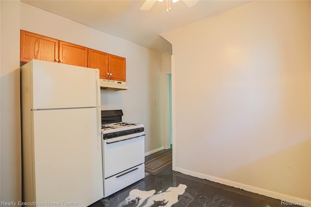 15251 Maplewood Ave, Eastpointe, MI 48021 - kitchen featuring white appliances, under cabinet range hood, brown cabinets, ceiling fan, and dark wood-style flooring