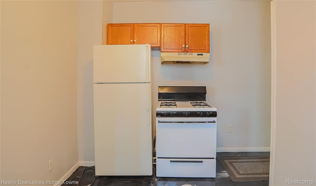 15251 Maplewood Ave, Eastpointe, MI 48021 - kitchen with white appliances, under cabinet range hood, and brown cabinetry