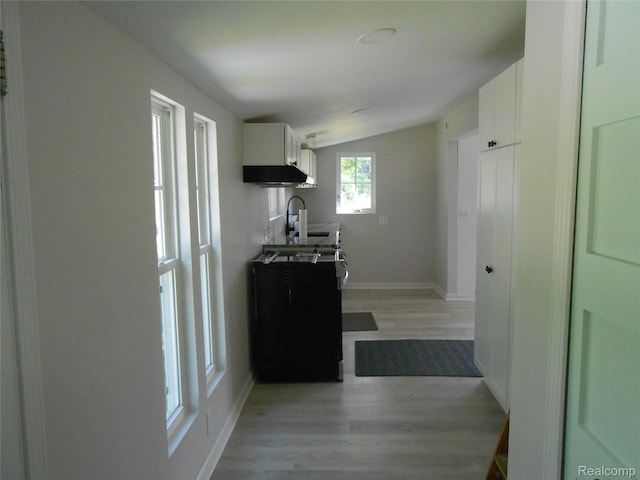 8027 Lakeshore Rd, Lexington, MI 48450 - kitchen with under cabinet range hood, light wood-type flooring, white cabinetry, and lofted ceiling