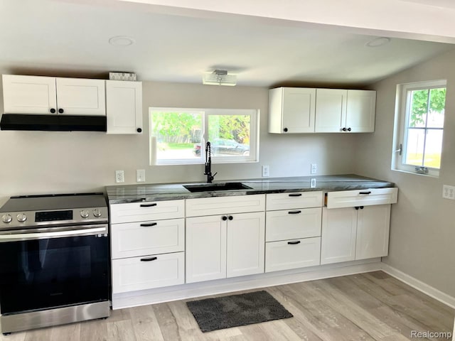 8027 Lakeshore Rd, Lexington, MI 48450 - kitchen featuring stainless steel electric range oven, under cabinet range hood, white cabinetry, and light wood-style flooring