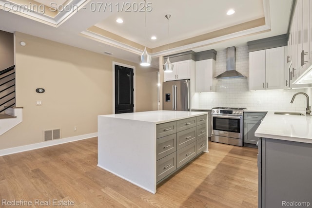 722 E Parent Ave, Royal Oak, MI 48067 - kitchen with stainless steel appliances, wall chimney range hood, a tray ceiling, gray cabinetry, and recessed lighting