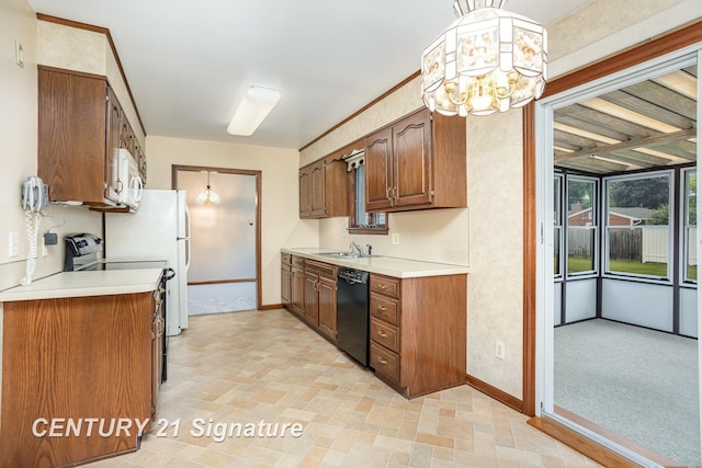 2936 Reppuhn Dr, Saginaw, MI 48603 - kitchen featuring black dishwasher, light countertops, a chandelier, electric range, and brown cabinets