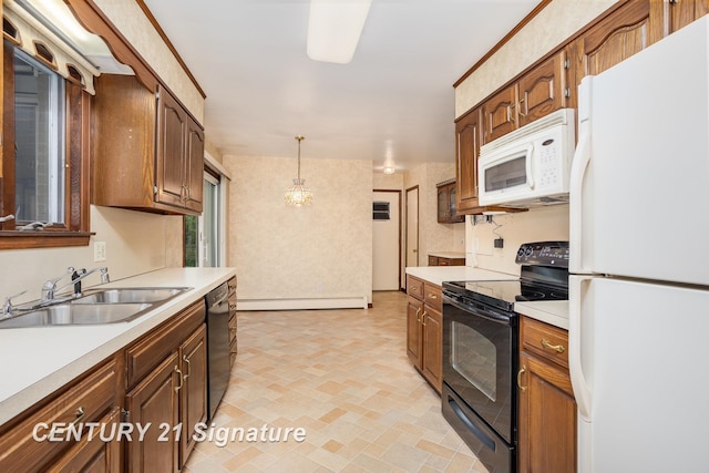 2936 Reppuhn Dr, Saginaw, MI 48603 - kitchen with black appliances, a baseboard radiator, light countertops, hanging light fixtures, and brown cabinets