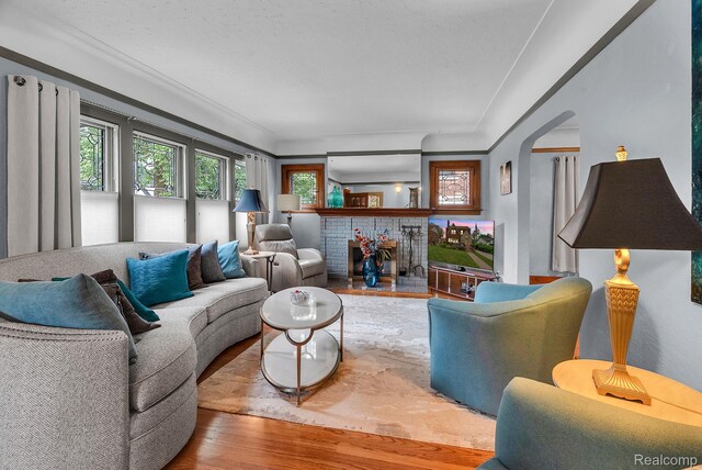 648 S Highland St, Dearborn, MI 48124 - living room featuring wood finished floors, arched walkways, and a brick fireplace