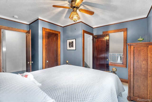 648 S Highland St, Dearborn, MI 48124 - bedroom with a textured ceiling, a ceiling fan, cooling unit, carpet floors, and crown molding