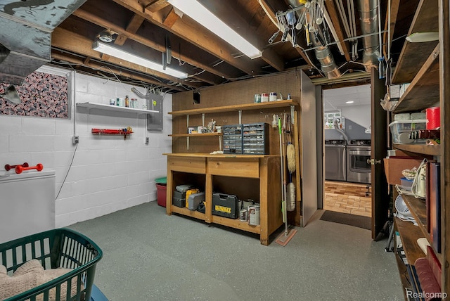 648 S Highland St, Dearborn, MI 48124 - unfinished below grade area with washer and clothes dryer, concrete block wall, and electric panel