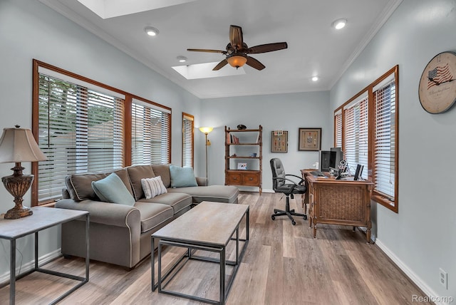 648 S Highland St, Dearborn, MI 48124 - living area with plenty of natural light, a desk, wood finished floors, a ceiling fan, and recessed lighting