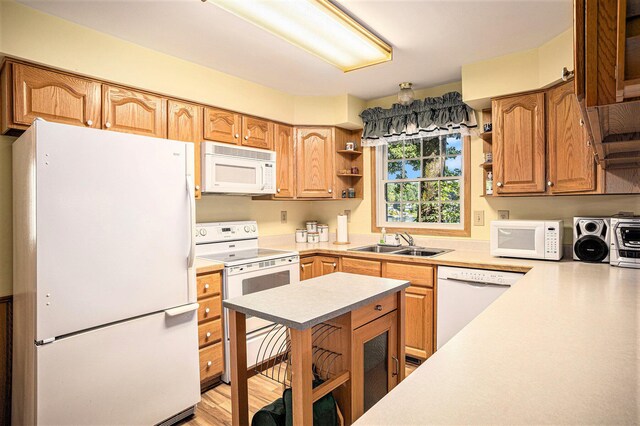 15891 Lakeview Dr, Buchanan, MI 49107 - kitchen featuring white appliances, open shelves, and light countertops