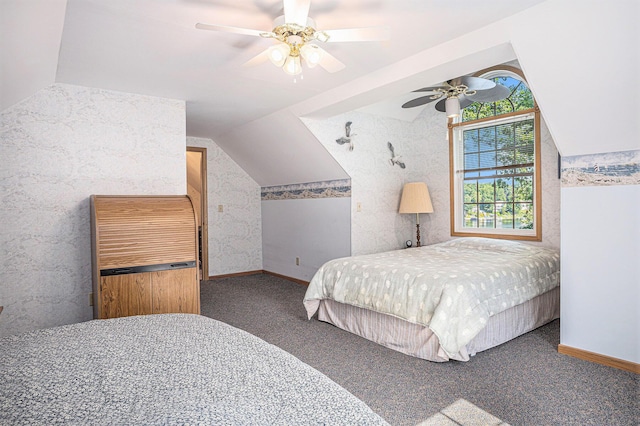 15891 Lakeview Dr, Buchanan, MI 49107 - carpeted bedroom featuring vaulted ceiling and ceiling fan