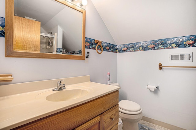 15891 Lakeview Dr, Buchanan, MI 49107 - full bathroom featuring lofted ceiling, vanity, and an enclosed shower