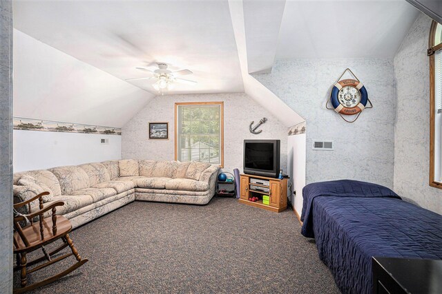 15891 Lakeview Dr, Buchanan, MI 49107 - carpeted living area featuring lofted ceiling and ceiling fan