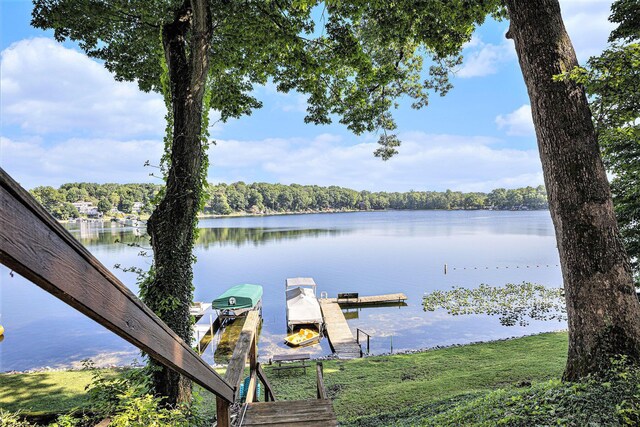 15891 Lakeview Dr, Buchanan, MI 49107 - dock with a water view, boat lift, and a forest view