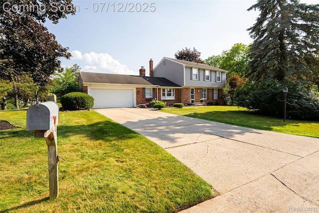 42331 Beacontree Ct, Northville, MI 48168 - colonial-style house with brick siding, a garage, a chimney, concrete driveway, and a front yard