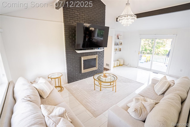 42331 Beacontree Ct, Northville, MI 48168 - tiled living area with a fireplace, lofted ceiling, a chandelier, and built in features