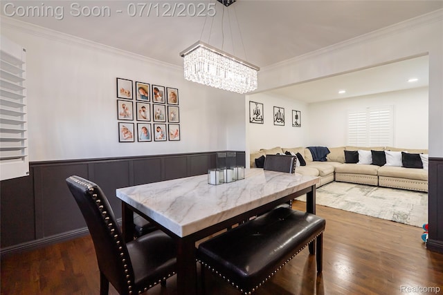 42331 Beacontree Ct, Northville, MI 48168 - dining space with a chandelier, dark wood-style flooring, ornamental molding, and recessed lighting