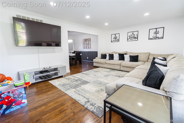 42331 Beacontree Ct, Northville, MI 48168 - living room featuring wood finished floors, recessed lighting, and crown molding