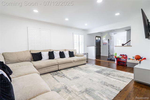 42331 Beacontree Ct, Northville, MI 48168 - living room with wood finished floors, recessed lighting, and stairs