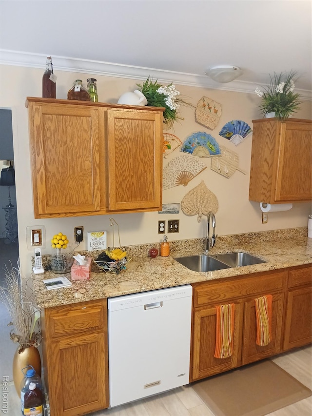 8086 Pickering Pl, Westland, MI 48185 - kitchen featuring dishwasher, crown molding, and light stone countertops