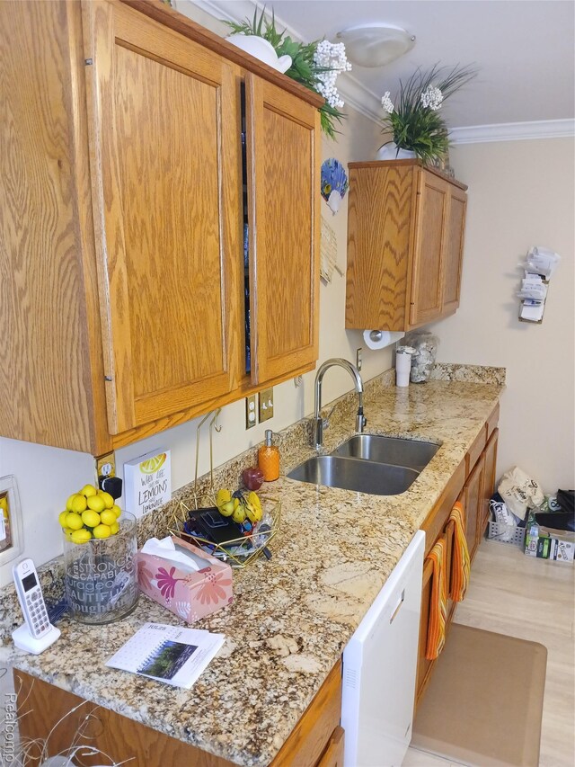 8086 Pickering Pl, Westland, MI 48185 - kitchen featuring ornamental molding, white dishwasher, light stone countertops, and brown cabinetry