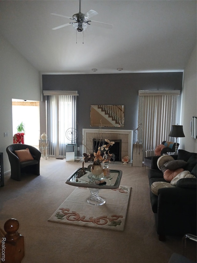 8086 Pickering Pl, Westland, MI 48185 - living area featuring a fireplace, carpet floors, a ceiling fan, and lofted ceiling