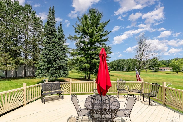 5772 Greensboro Way, Gladwin, MI 48624 - wooden terrace featuring a yard, outdoor dining space, and view of wooded area