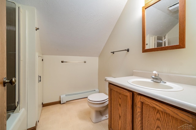 5772 Greensboro Way, Gladwin, MI 48624 - bathroom with a baseboard heating unit, lofted ceiling, vanity, and a textured ceiling