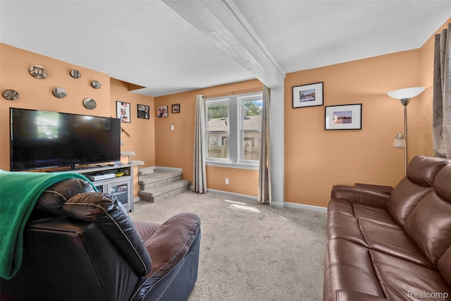 26752 Blackmar Ave, Warren, MI 48091 - living area featuring carpet flooring, stairs, and beamed ceiling