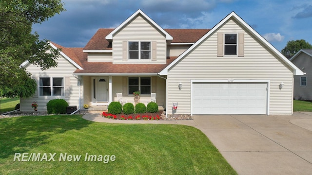 3200 Setting Sun Blvd, Saginaw, MI 48603 - traditional-style house featuring driveway, a front yard, a shingled roof, a porch, and a garage