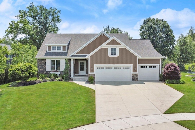 1560 Marksbury Ct, Byron Center, MI 49315 - craftsman-style home featuring stone siding, driveway, a front yard, a garage, and board and batten siding