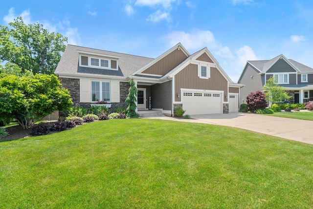 1560 Marksbury Ct, Byron Center, MI 49315 - craftsman house featuring stone siding, concrete driveway, board and batten siding, a front yard, and an attached garage