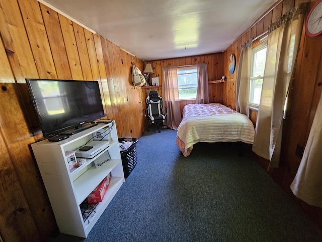 8991 W 1 Mile Rd, Hesperia, MI 49421 - bedroom with dark colored carpet and wooden walls