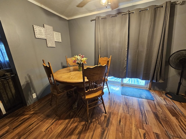 8991 W 1 Mile Rd, Hesperia, MI 49421 - dining area featuring wood finished floors, ceiling fan, and ornamental molding