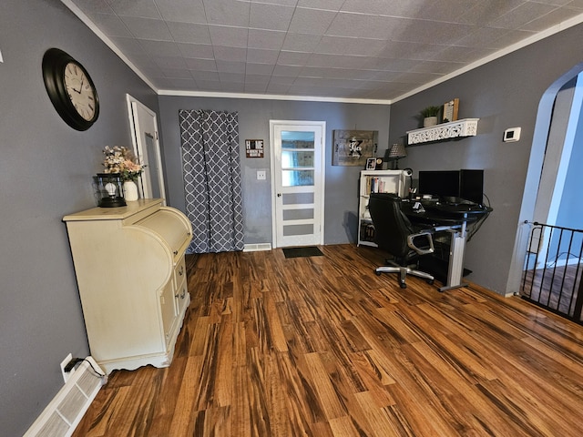 8991 W 1 Mile Rd, Hesperia, MI 49421 - home office with ornamental molding, wood finished floors, and arched walkways