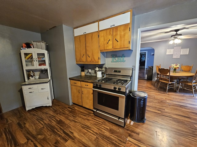 8991 W 1 Mile Rd, Hesperia, MI 49421 - kitchen with stainless steel gas stove, dark wood-style flooring, ceiling fan, and brown cabinetry